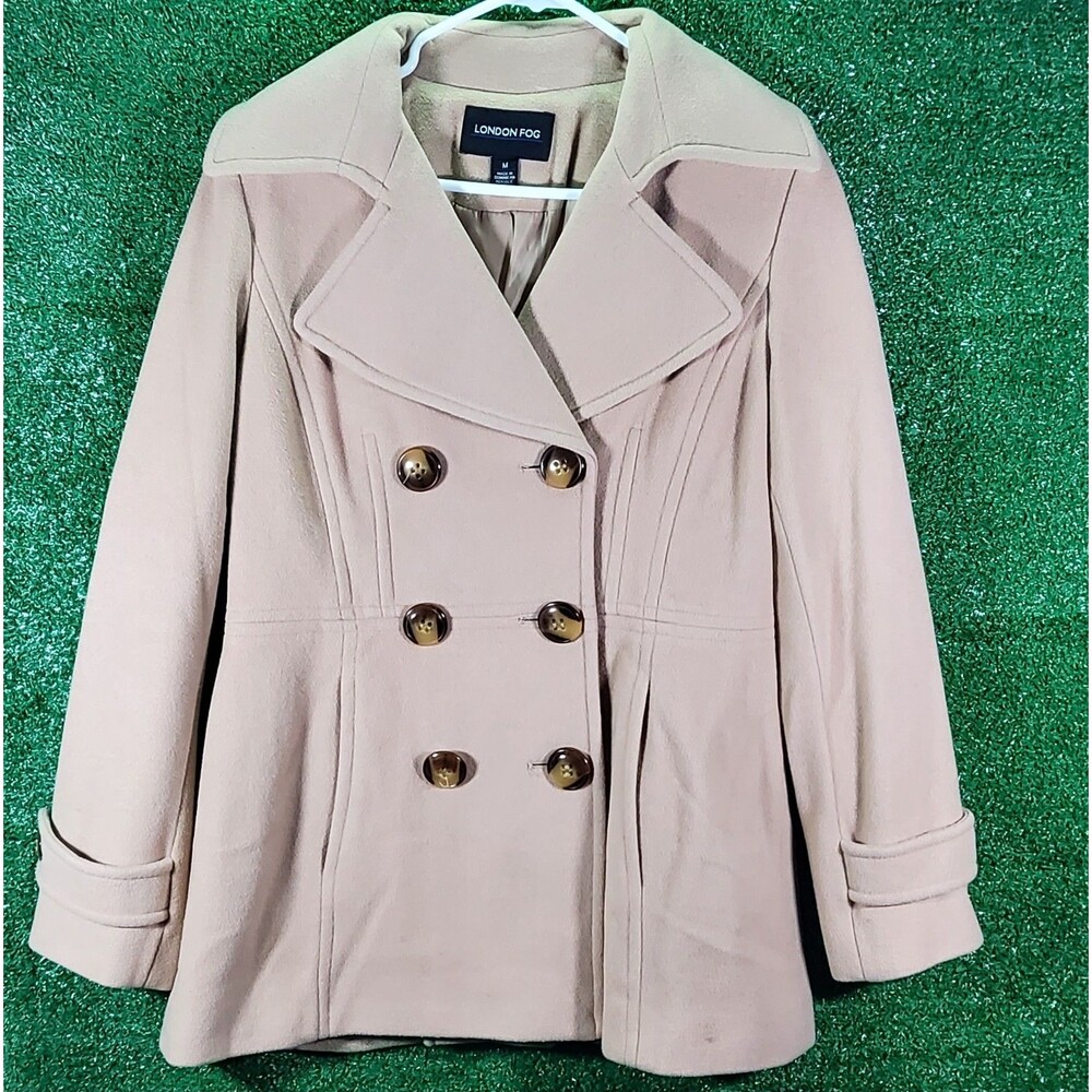 LONDON FOG Women’s Medium Tan Double Button Hip Length Trench Peacoat Wool Beige